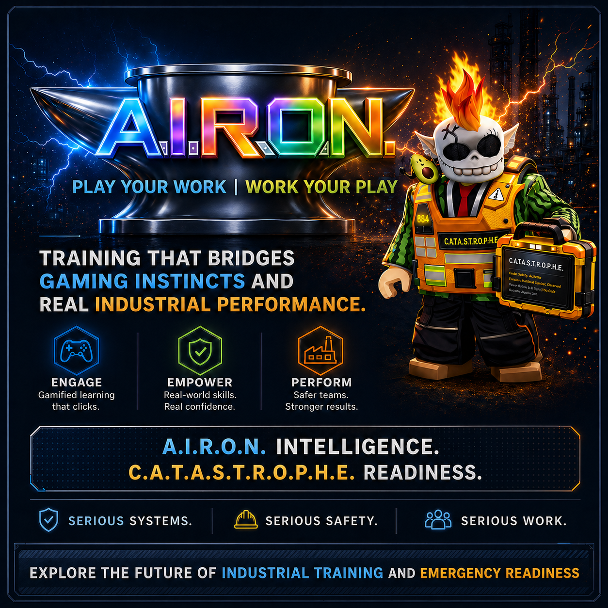 A.I.R.O.N. Play Your Work Work Your Play industrial training and C.A.T.A.S.T.R.O.P.H.E. readiness promotional artwork