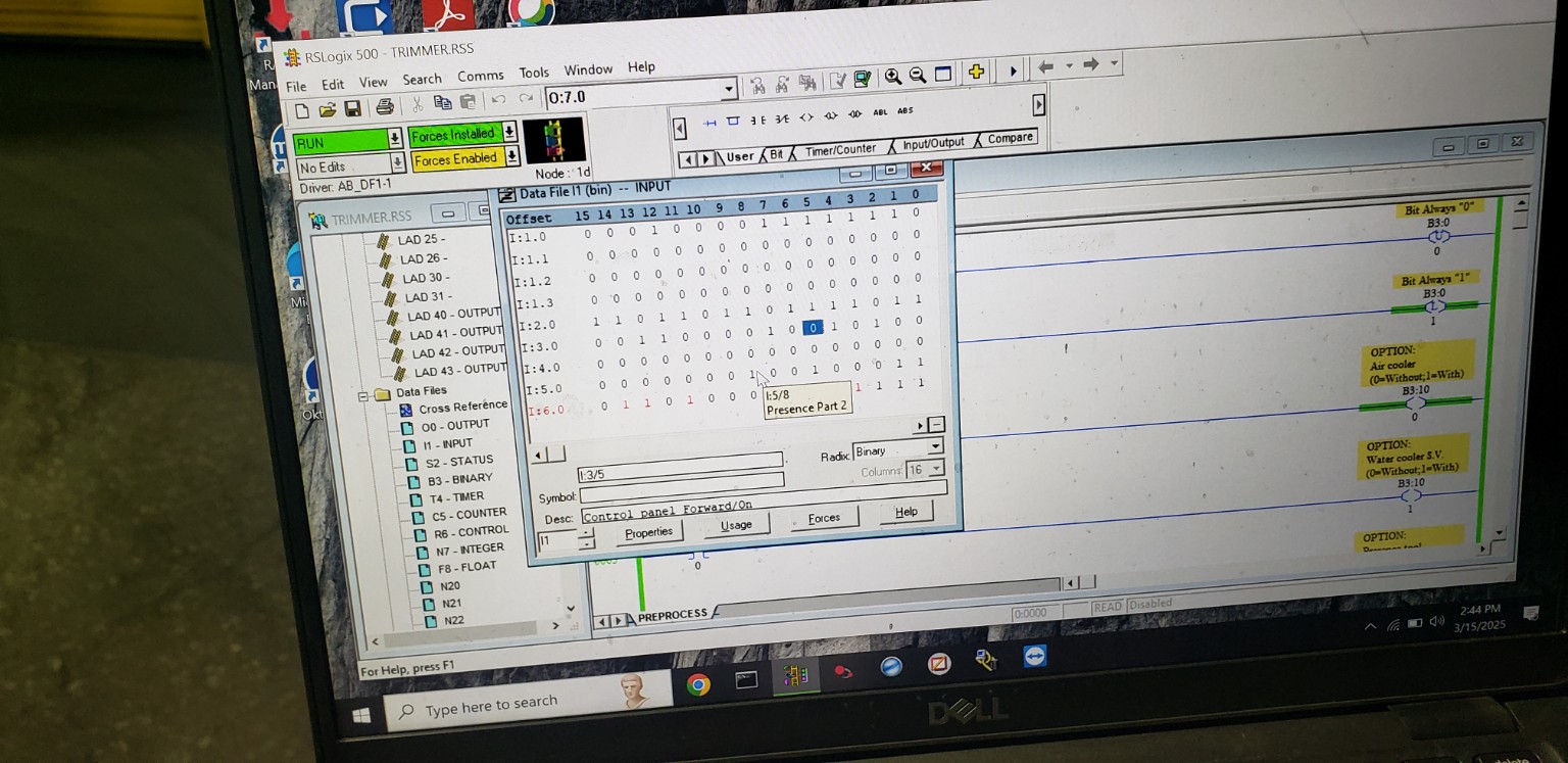 RSLogix 500 screen showing machine-control troubleshooting