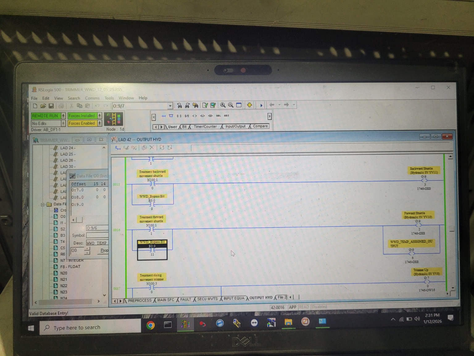 RSLogix 500 screen showing recorded machine-control troubleshooting