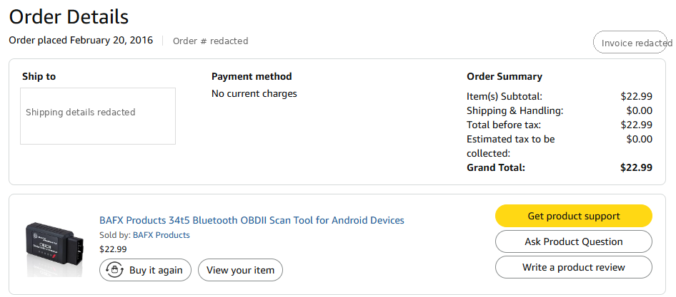Redacted order screenshot showing the low-cost BAFX Bluetooth OBD-II reader used during Crank Fortune Teller field testing