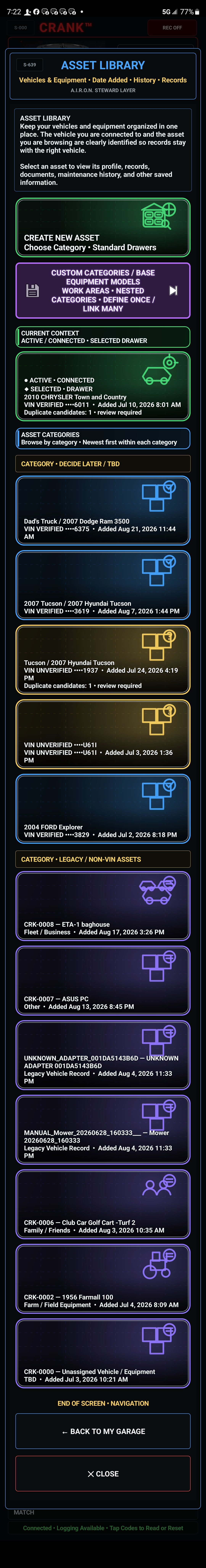 Crank Asset Library showing vehicles and equipment as separate selectable records