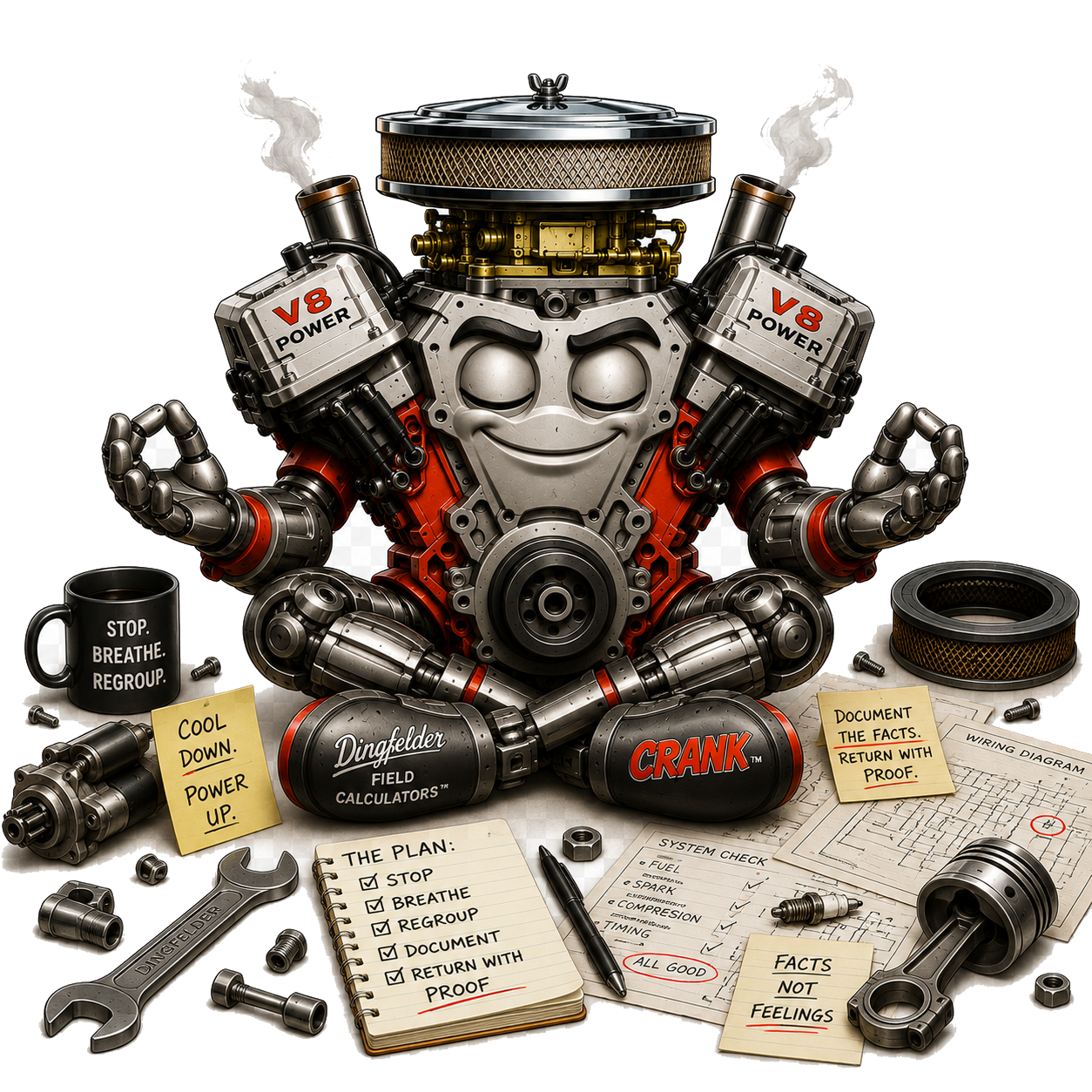 Crank™ sitting calmly in the middle of scattered parts, notes, wiring diagrams, and tools with smoke wisps from exhaust stacks.