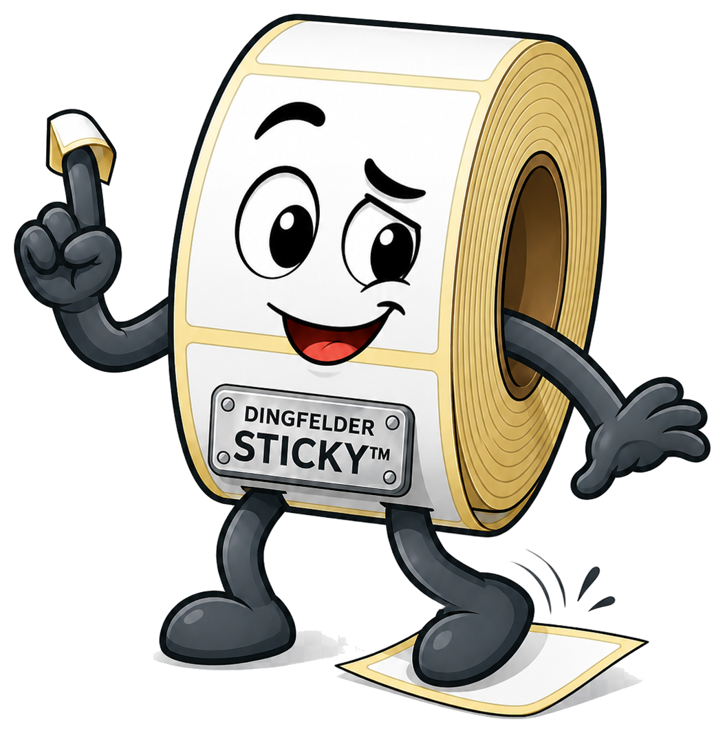 Sticky™ mascot slipping on a label with a curled label stuck to his finger