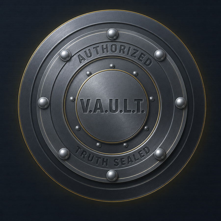 Steel V.A.U.L.T. door emblem with Authorized and Truth Sealed markings